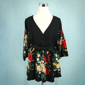 Zehavale Anthropologie Size 0 Black Floral Embroidered V Neck Tie 3/4 Sleeve Top